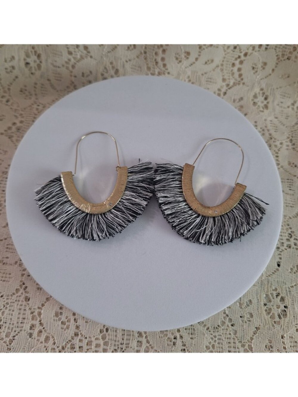 SUGARFIX by BaubleBar Black Gold Fringe Hoop Earrings – Beaded Tassel Statement - Picture 8 of 11